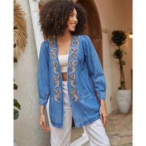 Orfeonegro Studio Womens Blue Denim Open Jacket Sequin Embellished Size Medium M